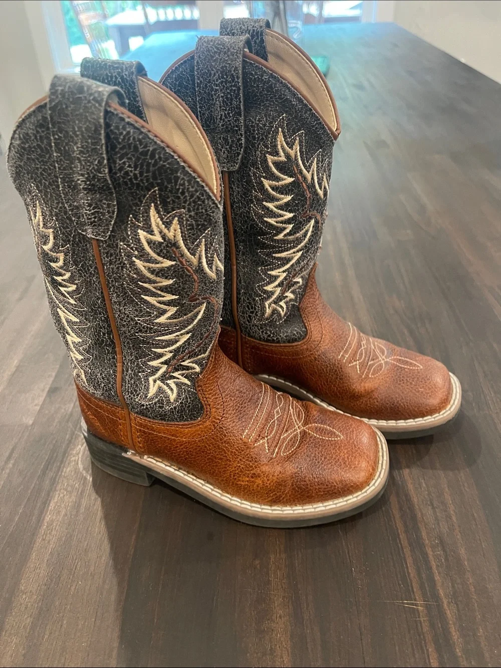Kids Western Pull-On Boots in Brown Leather with Black Distressed Shaft